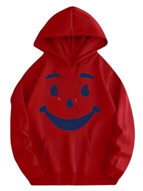 Red Koolaid Man Graphic Hoodie with Blue Smiley Face